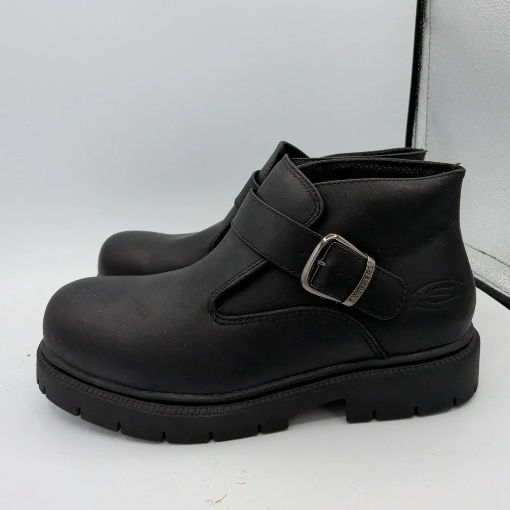 Skechers Y2K Platform Boots Mens 13 Black Leather Monk Strap Buckle Lug Sole